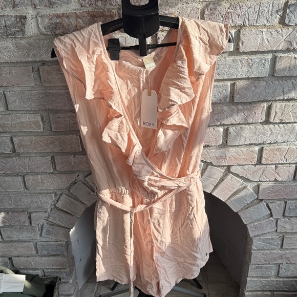 Roxy Light Coral Ruffle Wrap Romper - Picture 1 of 6